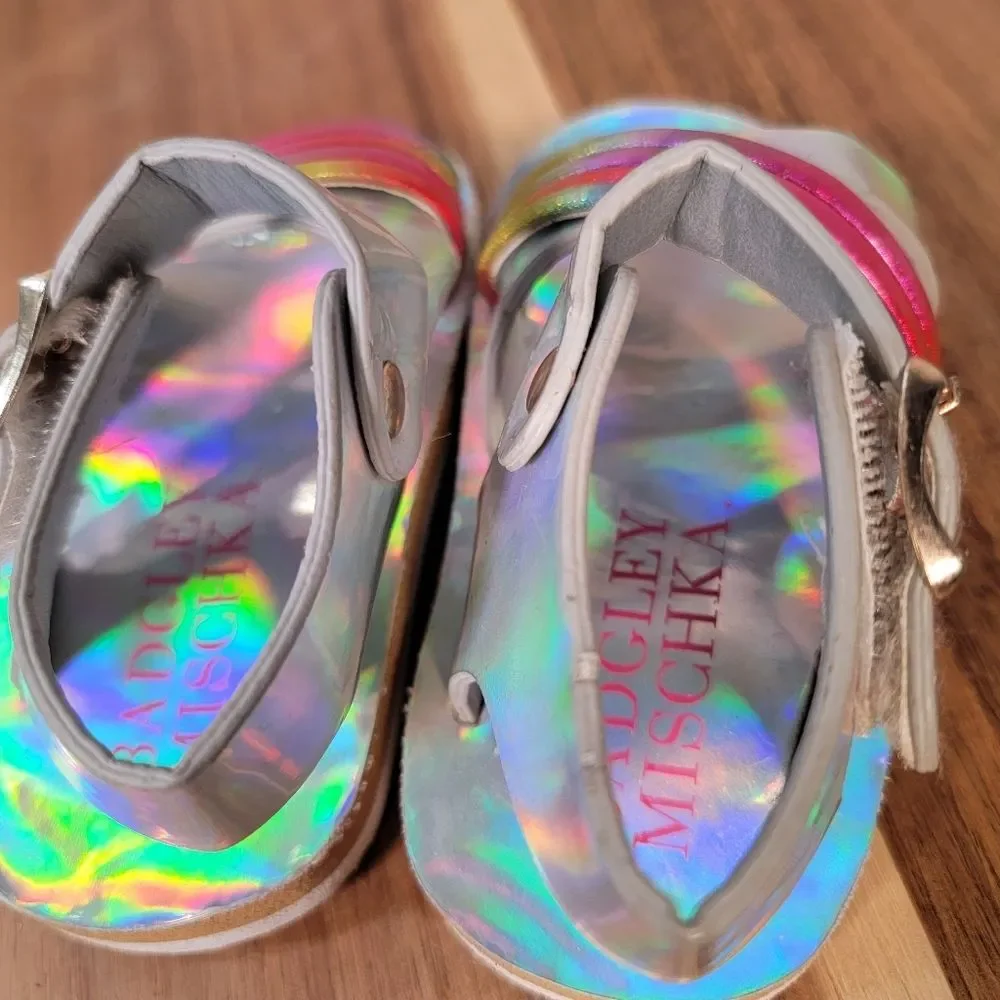 Badgley Mishka Holographic Rainbow Sandals Designer Toddler Size 5